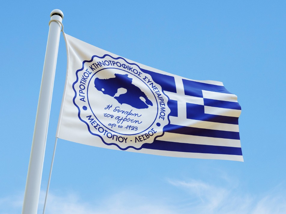 Σημαία με το λογότυπο του Αγροτικού Συνεταιρισμού Μεσοτόπου δίπλα στην ελληνική σημαία